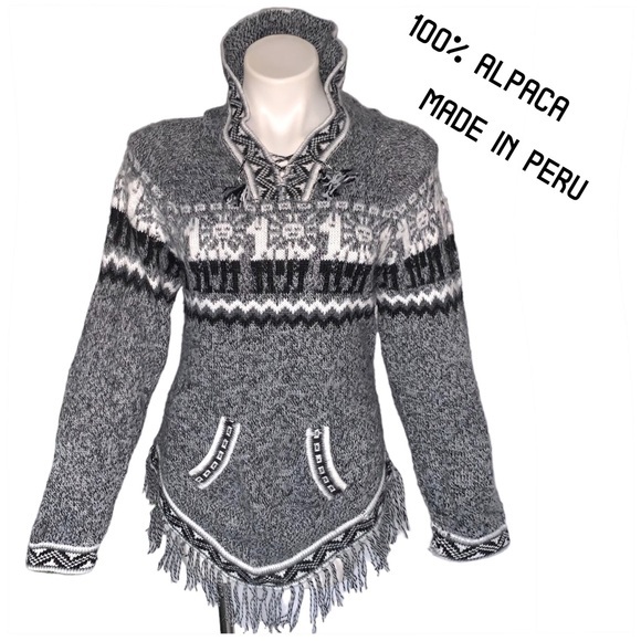 Peruvian Alpaca Sweater Pullover Tribal Fringe Hooded - Picture 1 of 11